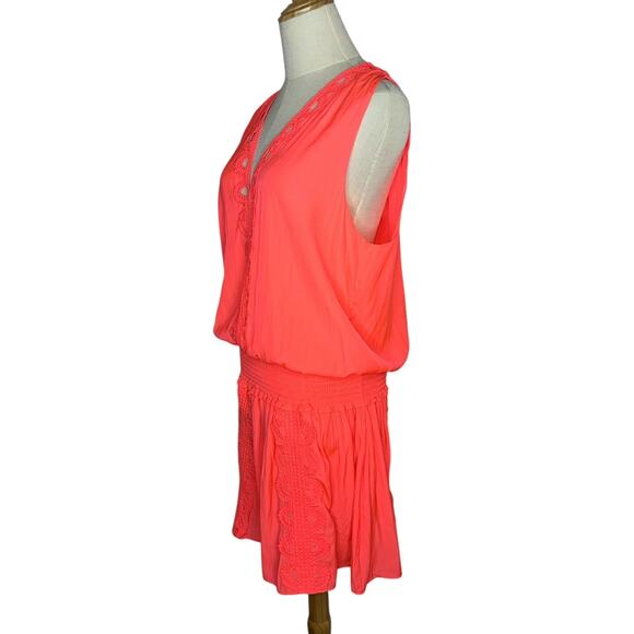 Ramy Brook Matilda Glow Pink Lightweight Mini Smocked Waist Dress Size Large - Picture 4 of 12